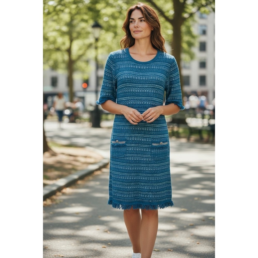 Lilly Pulitzer Sweater Dress Women Blue Multi Fringe Knit 011281 Medium